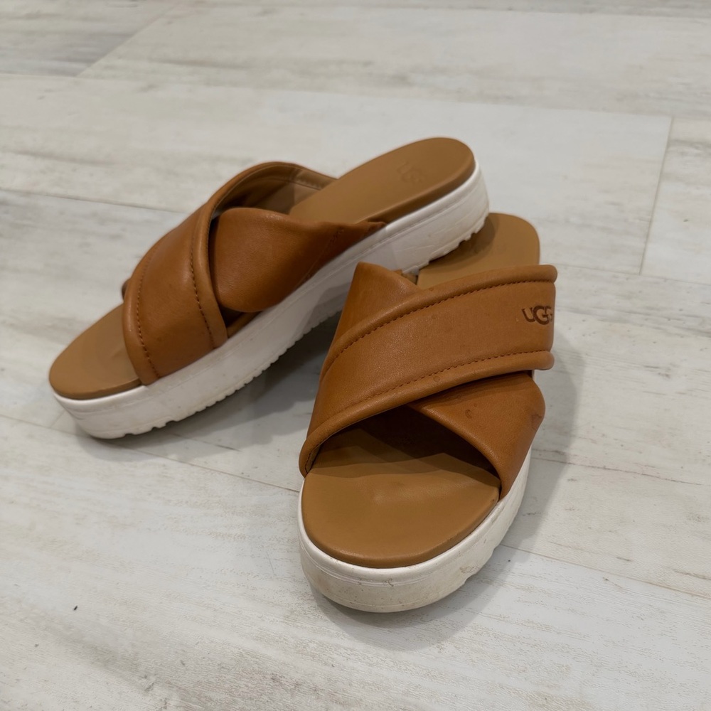 UGG Women's Cognac Leather Crisscross Platform
Slide Sandals